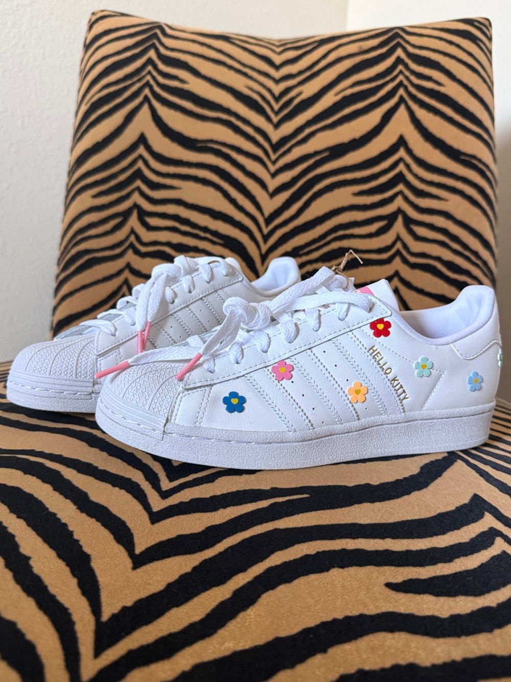 adidas Women’s Hello Kitty White Superstar J with Colorful Floral Accents